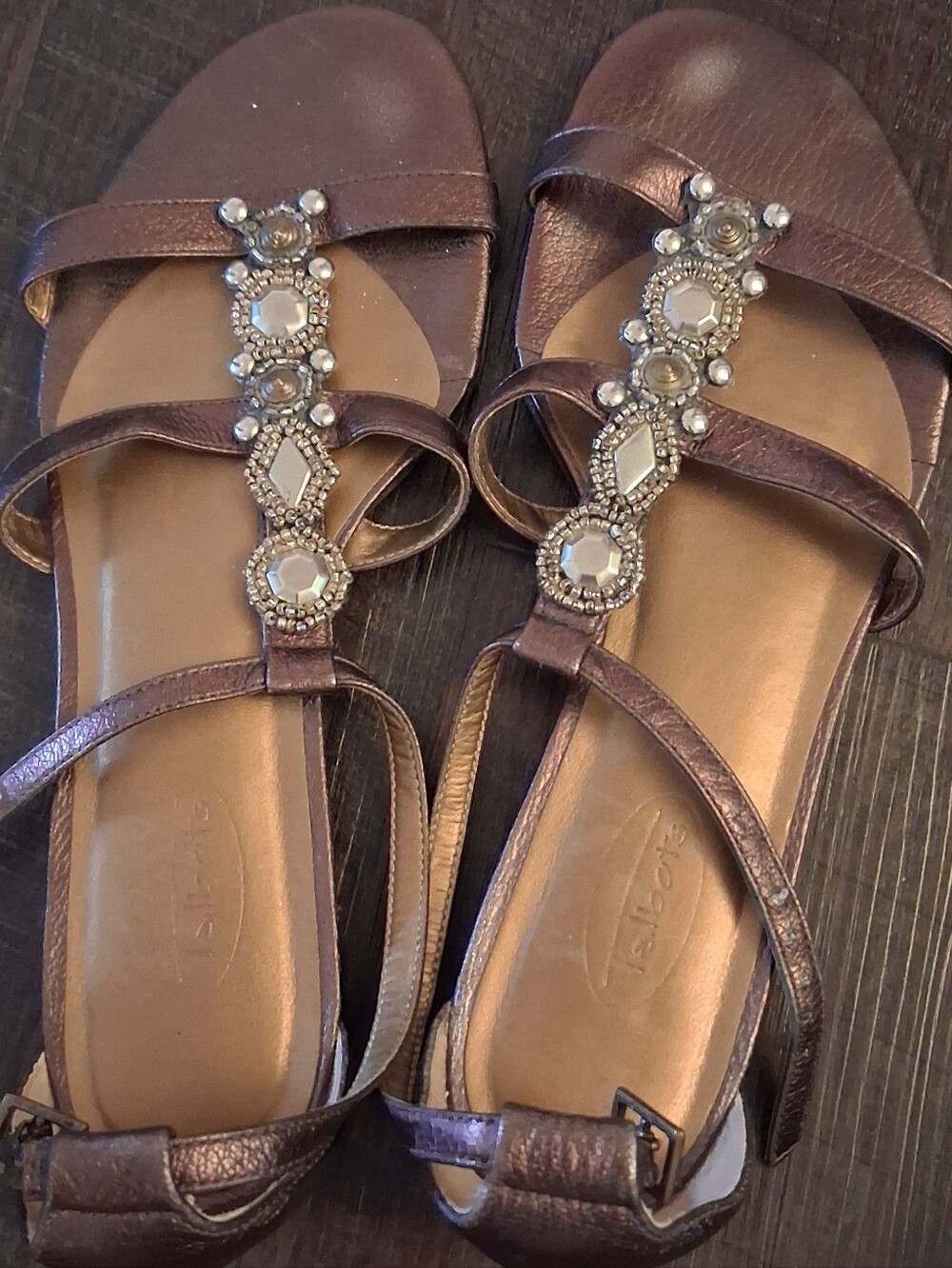 Talbots Metallic Bronze Jeweled T-Strap Sandals
